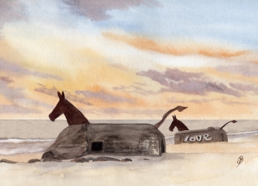 Poster DIN-A3 Aquarell Maritim Kunst Druck Kunstdruck Nordsee Dänemark Danmark  Blåvand Blavand Dünen Leuchtturm Maultiere Strand
